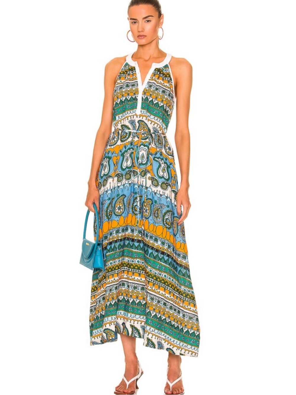 STAUD Sleeveless Printed Maxi Dress in Teal, Mustard & White - Picture 2 of 9